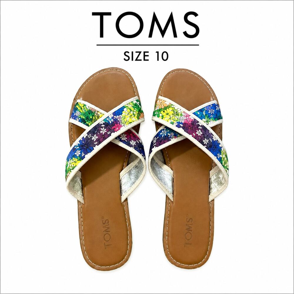 TOMS Size 10 Floral Criss Cross Slide Sandals Multicolor Casual Summer Shoes